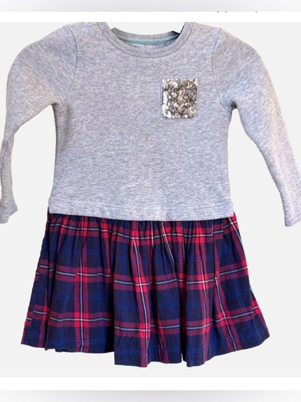 Boden Girls Plaid Dress Size 5-6 Gray Red Tartan Sequin Pocket Holiday Fall